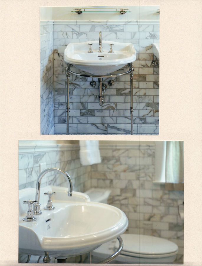 Marble subway wainscot behind a console sink with chrome legs